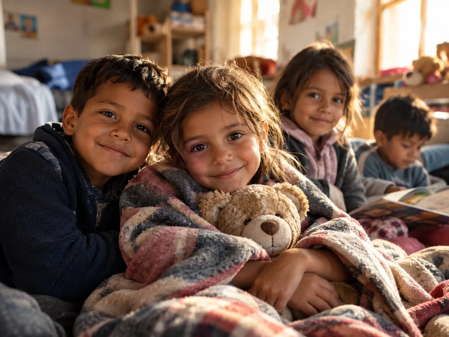 Bambini sorridenti avvolti in una coperta, con un orsacchiotto