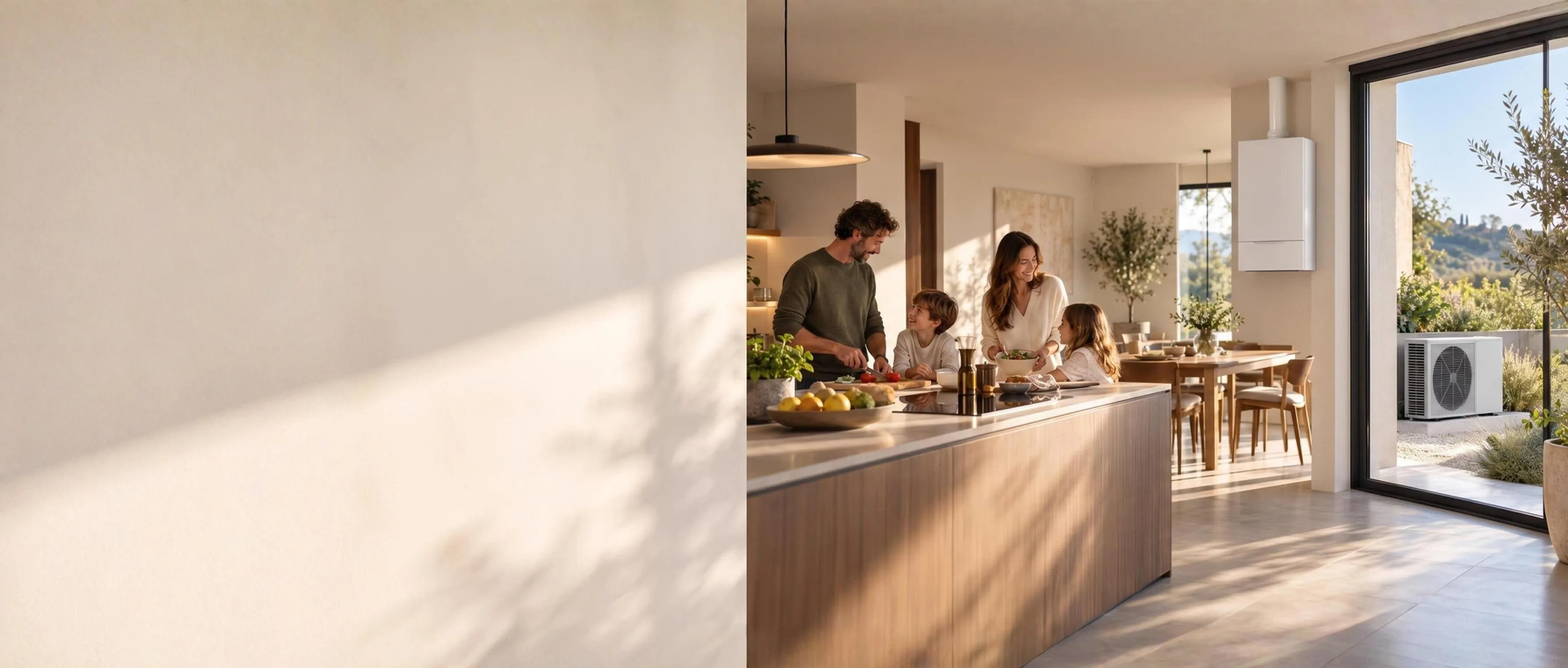 Una famiglia prepara la cena in cucina; sulla parete la caldaia e, oltre la vetrata, la pompa di calore in giardino